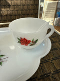 A-3334 Vintage 1950's Mid Century Federal Milk Glass Snack Set "Rosecrest" Pattern w/ Red Roses (Cup & Tray)