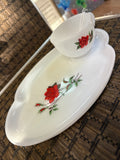 A-3334 Vintage 1950's Mid Century Federal Milk Glass Snack Set "Rosecrest" Pattern w/ Red Roses (Cup & Tray)