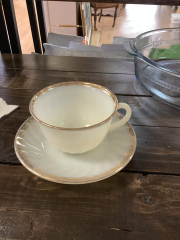 A-1458 Fire King white swirl milk glass teacup & Saucer gold rim