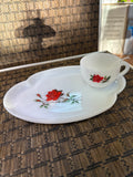 A-3334 Vintage 1950's Mid Century Federal Milk Glass Snack Set "Rosecrest" Pattern w/ Red Roses (Cup & Tray)