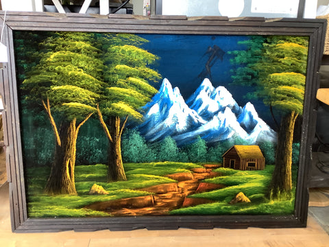 A-4048 Velvet Painting 28x39” Mountain and Cabin