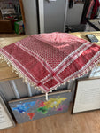 A-4254 Vintage Square Table Cloth 48” Red checkered pattern with Pom poms