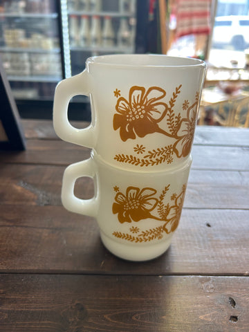 A-4200 Anchor Hocking Hibiscus on Milk Glass Mugs