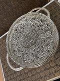 A-4275 Vintage Cut Glass Round Tray Divided Serving Plate w/ Metal Stand 10" appetizers