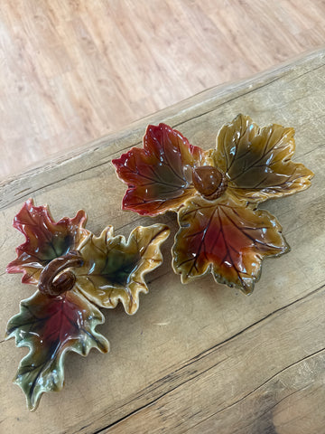 A- 1889 medium and large Maple Leaf Vintage Candy Jewellery Trinket Nut Dish Acorn Handle or curled stem