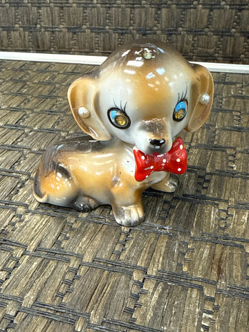 A-4278 Vintage MCM Anthropomorphic Dachshund Dog Ceramic Red Bow Big Eyes Figurine Japan