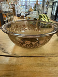 A-4245 Pyrex Festive Harvest Brown Glass Pink Pattern Birds Flowers Hearts Small & Medium Mixing Bowl Nesting