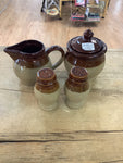 A 0196 Tri Color Brown Stoneware Kitchen Set -5 PC. Salt Pepper Sugar and Creamer