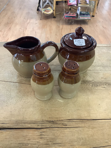 A 0196 Tri Color Brown Stoneware Kitchen Set -5 PC. Salt Pepper Sugar and Creamer