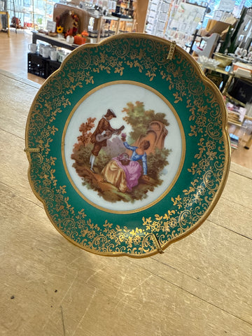 A 3472 LIMOGES FRANCE 4” DIAMETER PLATE WITH STAND ATTACHED COURTING SCENE FRAGONARD SET OF 2