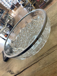 A- 0202 Clear Glass Starburst Design Bowl 8" Serving Dish Ornate Pattern silver rim