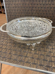 A-4275 Vintage Cut Glass Round Tray Divided Serving Plate w/ Metal Stand 10" appetizers