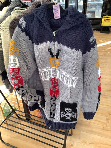 JK-14 Adult Grey & Navy Totem Pattern Handmade Coat & Toque (L-XXL size stretchy and forgiving)
