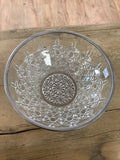 A- 0202 Clear Glass Starburst Design Bowl 8" Serving Dish Ornate Pattern silver rim