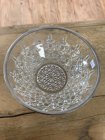 A- 0202 Clear Glass Starburst Design Bowl 8" Serving Dish Ornate Pattern silver rim