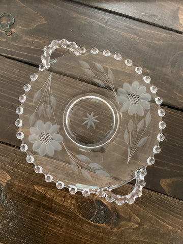 A- 4298 2 Handle Imperial Candlewick Etched Glass Ashtray or Caddy Dish with cornflower