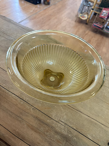A 2892 Antique Depression Glass Yellow Amber large 11 inch Mixing Bowl by Federal Glass. Ribbed Body Rolled Rim Square Bottom, Very Light Wear.