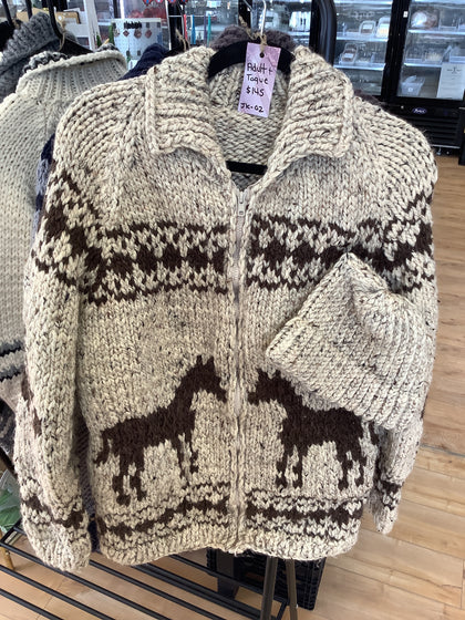 JK-02 Adult Brown & Cream Horse Pattern Handmade Coat & Toque (S-L size stretchy and forgiving)