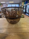 A-4245 Pyrex Festive Harvest Brown Glass Pink Pattern Birds Flowers Hearts Small & Medium Mixing Bowl Nesting