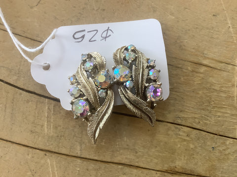 A-3382 Blue Aurora Borealis Crystal Leaf Clip-on Earrings