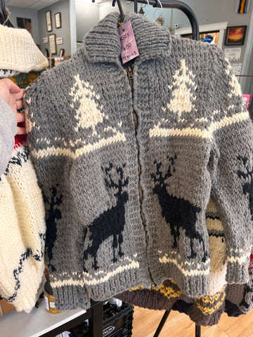 JK-03 Kids Grey Zip-Up with Dark Grey Deer along the bottom & White Trees along the top